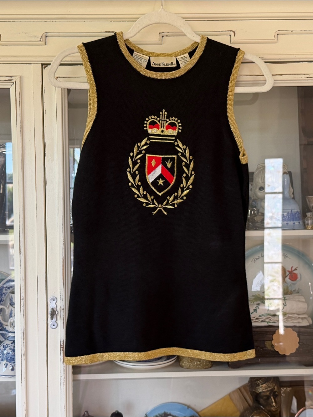 Anne Klein Black Knit Tank with Gold Trim and Embroidered Crest